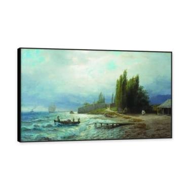 Imagem de Moldura preta. Impressões de Lev Lagorio. Pintura de arte de parede de paisagem marítima. Pôster de reproduções de impressões em tela de paisagem para decoração de casa. (paisagem). 70 x 112 cm - 27,6