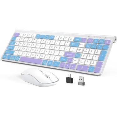Imagem de JOYACCESS Combinação De Teclado E Mouse Sem Fio Atualizada, Teclado Ergonômico Sem Fio Para Máquina De Escrever Com Teclado Numérico E Mouse Para Computador, Laptop E Desktop - Roxo E Azul