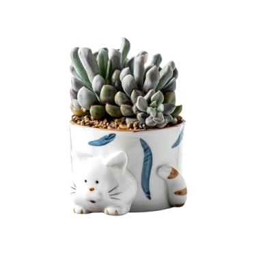 Imagem de SUSOYAOCHEN Lindo vaso de flores de cerâmica com desenho animado, cacto de aloe, suculenta, mini bonsai para uso interno e externo para decoração de jardim, plantas não incluídas (gato)