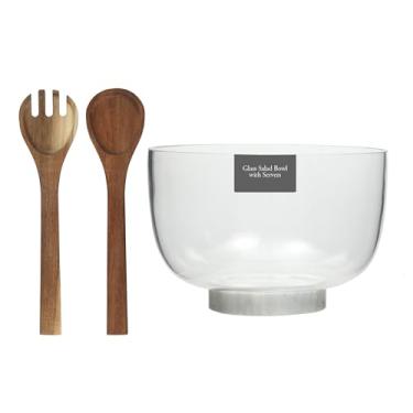 Imagem de Gibson Elite Wildgreens Conjunto grande de tigela de salada de vidro com base de mármore e utensílios de servir de acácia