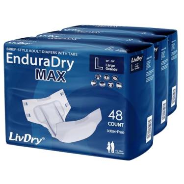 Imagem de LivDry EnduraDry Max Fraldas para adultos com abas, até 12 horas, roupa íntima superabsorvente para incontinência, cuecas com proteção contra vazamento, grande, pacote com 48