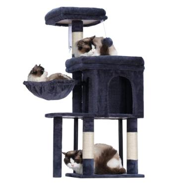 Imagem de Hey-brother Torre de árvore para gatos, postes de arranhar com condomínio aconchegante, cama acolchoada, rede, poleiro de pelúcia, poste de sisal e bola para gatinhos internos, 117 cm, cinza