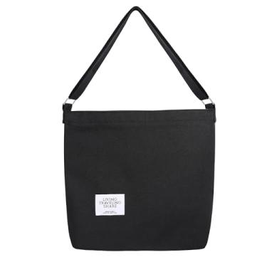 Imagem de Frenou Bolsa feminina grande de lona feminina casual transversal ombro bolsa de ombro com zíper preta, Preto, Medium