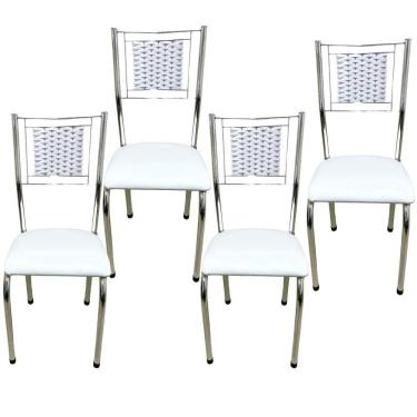Imagem de Kit 4 Cadeiras Jantar Belize Moderna Cromada Aço Junco Cozinha Sala Assento branco cromada desenho Do Tecido liso