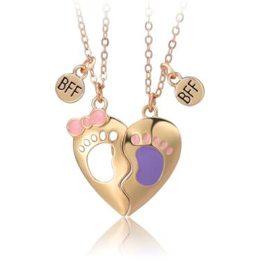 Imagem de Colares de casal gravados com pegadas para melhor amigo, 2 peças, laço esmaltado, combinando com pingente de coração dividido, gargantilha, amizade, sempre, melhor amiga, conjunto de colares de joias