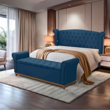 Imagem de Kit Cabeceira e Baú Grécia, Veludo Bege, Estilo Capitonê, 178x140cm, com Revestimento em Veludo e Espuma PRO 30 (Azul)