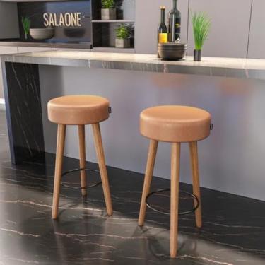Imagem de Salaone Kit 2 Banquetas Alta Londres, 70cm, Assento Preto com Pés em Madeira, para Balcão e Bar (AMARULA)