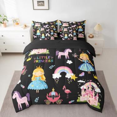 Imagem de Manfei Conjunto de cama casal de 7 peças, princesa mágica, castelo sonhador, unicórnio, arco-íris, preto em uma bolsa com edredom, lençóis e fronhas, decoração de quarto de crianças, macio