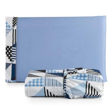 Imagem de Roupa de Cama Jogo Kit Solteiro 2 Peças - Lençol Percal 180 Fios Algodão com Elástico Reforçado em Toda a Volta. (GEOMÉTRICO AZUL)