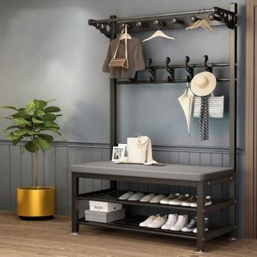 Imagem de Cabideiro De Metal Em Pé Com Banco De Sapatos Árvore De Casacos De Entrada Industrial Moderna Com 11 Ganchos E Sapateira De 2 Camadas 4 Em 1 Hall Tree Para Corredor Fácil De Montar, B, 60X33X170CM