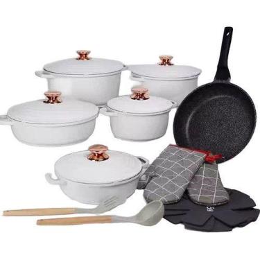 Imagem de Conjunto De Panelas Antiaderentes 18 Peças Aluminio Fundido Cor Branco