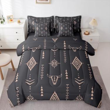 Imagem de Erosebridal Conjunto de edredom com estampa de caveira de touro, 7 peças, boêmio, chifres étnicos, boêmios, preto, marrom, símbolo, tribal, misterioso, asteca, decoração de quarto, abstrato,