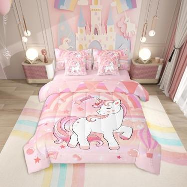 Imagem de Erosebridal Jogo de edredom solteiro, tamanho kawaii, arco-íris, unicórnio, com lençol de cima e lençol com elástico para crianças, adolescentes e adultos, conjunto de cama com estampa de estrelas de