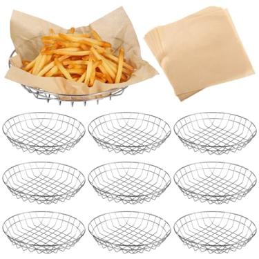 Imagem de 12 cestas de arame para servir alimentos, cestas de pão de arame de 25 x 4,6 cm com 50 folhas de embalagem quadrada de 30 cm, cesta de lanche de metal com papel absorvente de óleo para festa em