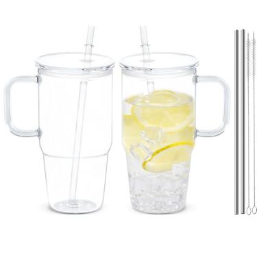 Imagem de Copo de plástico de 590 ml com alça, 2 copos transparentes com tampa e canudo, copo de café gelado com tampas transparentes para bebidas frias, café, refrigerante, chá, leite, suco