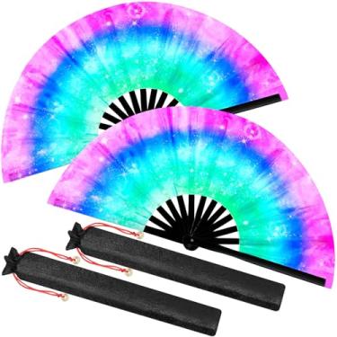 Imagem de Boao 2 peças de leques de seda dobráveis de mão grandes chineses de mão com brilho UV Tai Ji para homens e mulheres para festivais, dança de linha, kungfu, arte marcial, festa de festival de música