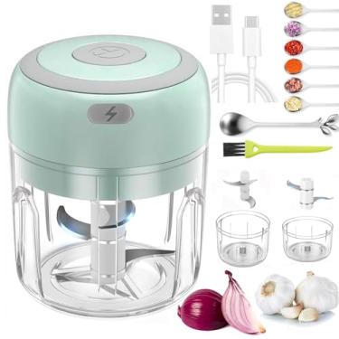 Imagem de Mini cortador de alho elétrico e processador de alimentos com colher e pincel – 2 xícaras de liquidificador de legumes portátil sem fio, picador de cebola com carregamento USB para comida de bebê
