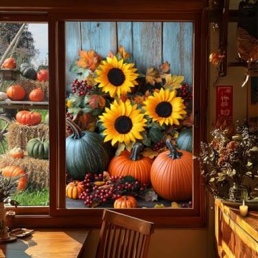 Imagem de HOMETITUTE Película de janela de girassol e abóbora, 78 x 128 cm, outono, colheita, decoração, outono, cabaça de girassol, para sala de estar, cozinha, varanda, painel de vidro, decoração de casa de