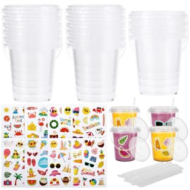 Imagem de 15 baldes de sorvete de 1L com tampas, alças de palha e adesivos de verão, baldes de bebida de rum para coquetel, recipientes de plástico transparente, balde de banheira de sorvete, para verão, praia