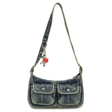 Imagem de Y2K Bolsa jeans feminina vintage bolsa de ombro pequena alça superior clutch punk axila bolsa com vários bolsos 2025, Azul, Medium