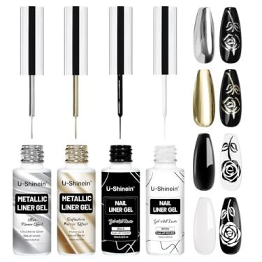 Imagem de U-Shinein Conjunto de esmalte de gel de pintura espelhada metálica de 4 x 12 ml, gel pintado com efeito cromado espelhado e preto e branco e preto e branco, conjunto de unhas embutido em pincel fino