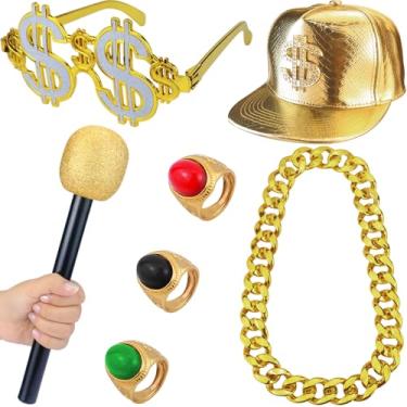 Imagem de 7Pcs 80s 90s Retro Hip Hop Accessories Costume Set-Includes a Gold Glitter Mic,Chain,3 Rings,Glitter Dollar Sign Glasses,Dollar Sign Hat for Men Women–for Halloween or Rapper-Themed Outfits