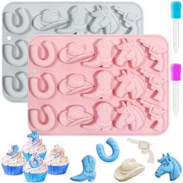Imagem de Pacote com 2 moldes de silicone de caubói, molde de silicone temático de cowboy ocidental com chapéu de cowboy, ferradura, bota de cowboy e cavalo para decorações de bolo de cupcake