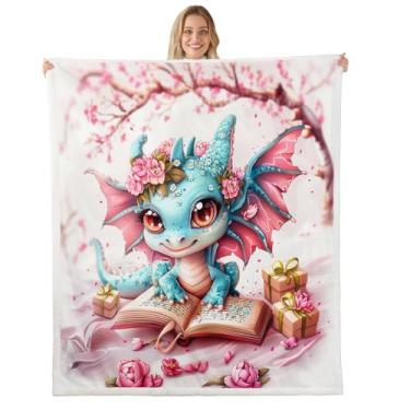 Imagem de Cobertor infantil de dragão de desenho animado, cobertor felpudo de flor de cerejeira japonês Ukiyoe, livros de leitura, lindos animais ocidentais, mantas de lã para cama, sofá, rosa, macio e