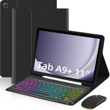 Imagem de EAMPANG Capa com teclado e mouse para Samsung Galaxy Tab A9 Plus de 11 polegadas (SM-X210/X215/X216/X218), capa magnética com teclado USB-C destacável de 7 cores arco-íris com compartimento para