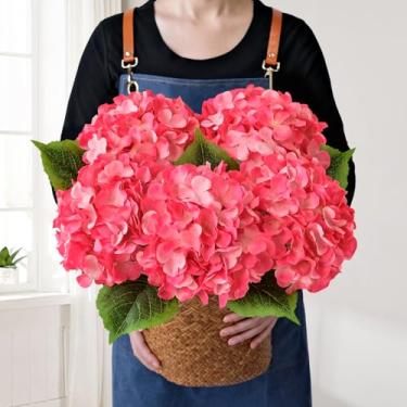 Imagem de JINWOE Flores artificiais de hortênsia rosa brilhante, 5 peças, 50 cm, flores rosa falsas grandes, hortênsias artificiais falsas com hastes para mesa de buquê de centro de mesa para casa