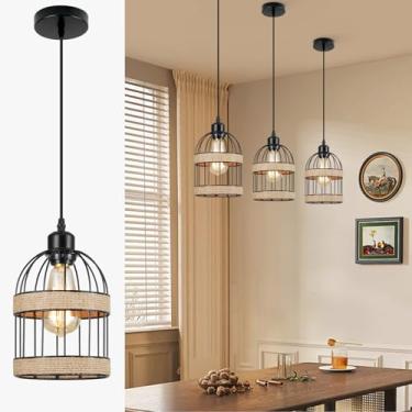 Imagem de Senyshilon Luminárias Pendentes De Vime Para Ilha Cozinha, Luminárias/Lustres Mesa Estilo Boho Sala Jantar, Lustres Pretos Fazenda Sala, Entrada, Corredor