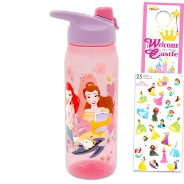 Imagem de Disney Pacote de garrafa de água Princess – Conjunto de material escolar com copo de 590 ml com adesivos Ariel, Belle, Rapunzel Plus, conjunto de garrafas de água reutilizáveis mais princesas