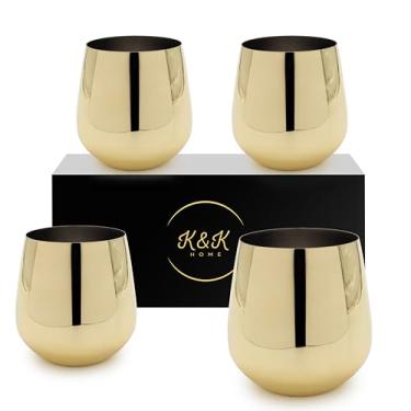 Imagem de K&K Home Taças de vinho douradas de aço inoxidável inquebráveis sem haste - 425 g - Conjunto de 4 taças de vinho coloridas de metal sem haste perfeitas para atividades ao ar livre, casamentos e festas