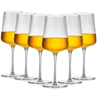 Imagem de Qinyoung Conjunto de 6 taças de vinho caneladas, modernas, taças de 500 ml, vidro com nervuras de cristal para art déco vermelho branco champanhe chique para casamentos, jantares e festas