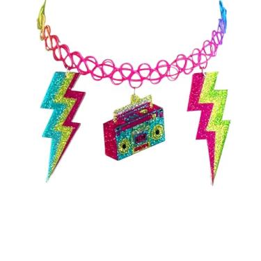 Imagem de Hupplle Acessórios femininos dos anos 80, 90, colar de acrílico neon retrô com cassete relâmpago, pingente de rádio, joia colorida para festa temática dos anos 80, standard, Acrílico, Sem Pedra