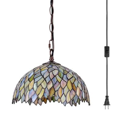 Imagem de GILGGAK Luminária pendente de vidro manchado estilo Tiffany, lâmpada suspensa com design de glicínia de 30,5 cm de largura, corrente de 15 pés, cordão de 30,5 cm, sala de jantar, quarto, cozinha