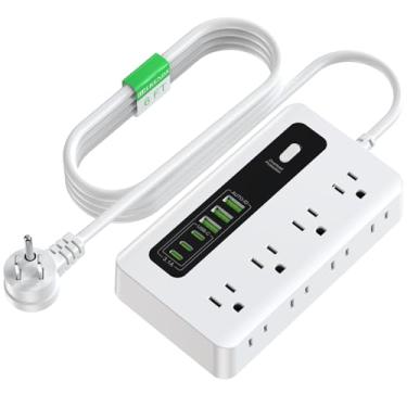Imagem de Régua de linha com USB, cabo de extensão de plugue plano protetor de sobretensão de 1,8 m HITRENDS com 8 tomadas, 3 portas USB e 3 portas tipo C (5V/3A), extensor de saída para escritório em casa