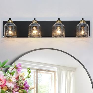 Imagem de YKLITG Luminária grande para banheiro de fazenda de 80 cm, luz de vaidade de metal preto e dourado 4 claros com persianas de vidro bolha, luminárias de arandela de parede rústica sobre espelho para