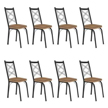 Imagem de Kit 8 Cadeiras de Cozinha Delaware Estampado Rattan Bege Pés de Ferro 