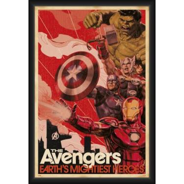 Imagem de BUY ART FOR LESS Pôster de arte emoldurado oficialmente licenciado pela Marvel - Earth's Greatest Heroes - 61 x 91 cm - Moldura de madeira resistente com vidro plexi - Pronto para pendurar
