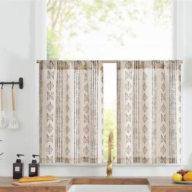 Imagem de Cortinas jinchan Boho Kitchen Linen Tier 76 cm pretas sobre bege