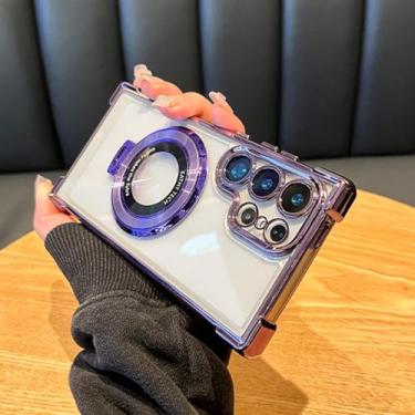 Imagem de HJZSZX Para Samsung S24Ultra Luxury Magnetic Plating Stand à prova de choque Clear Case Acrylic Back Cover (para Samsung S24Ultra/roxo escuro)