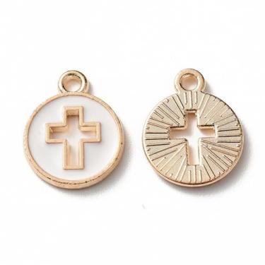 Imagem de KitBeads 100 peças, pingentes de cruz oca, crucifixo religioso, esmaltado, branco, plano, redondo, cruz, berloques para fazer joias, pulseiras, colar e brincos a granel