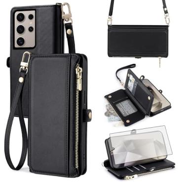 Imagem de Asuwish Capa de telefone para Samsung Galaxy S24 Ultra 5G Capa carteira com protetor de tela de vidro temperado e alça de pulso slot para cartão flip acessórios para celular S24Ultra 24S S 24 24Ultra