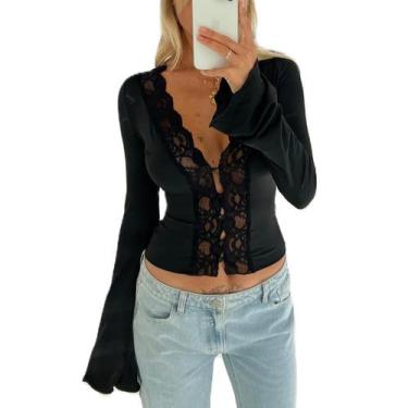 Imagem de Top curto Miqil feminino Y2K, renda, manga comprida, decote em V, flor