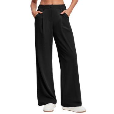 Imagem de Calças Ewedoos Wide Leg Waffle Work para mulheres, cintura alta, preta