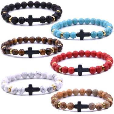 Imagem de HYHONEY Pulseira com contas cruzadas para mulheres e homens, pedra vulcânica, turquesa, olho de tigre, pulseira natural, cura da ansiedade, One Size, Pedra, Pedra