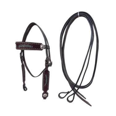 Imagem de LEATHERRIDE Conjunto de acessórios de cabeça e rédeas de cavalo de couro ocidental, ferramentas antigas naturais, troca rápida de pontas ajustáveis e rédeas de tamanho livre para cavalos (marrom)