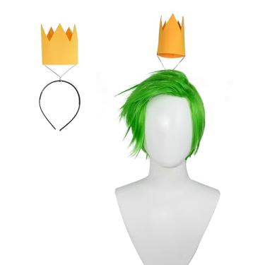 Imagem de abouder Peruca verde anime com franja masculina verde-claro sintético espigões curtos cosplay perucas para Halloween evento de Natal festa à fantasia + coroa flutuante