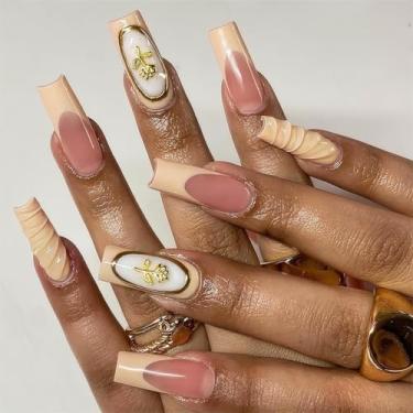 Imagem de RTKHFZE Unhas postiças quadradas longas 3D com design de flor e ponta francesa, presente de cola nude em unhas para feriado/dia de Natal/filha/festa/dia dos namorados